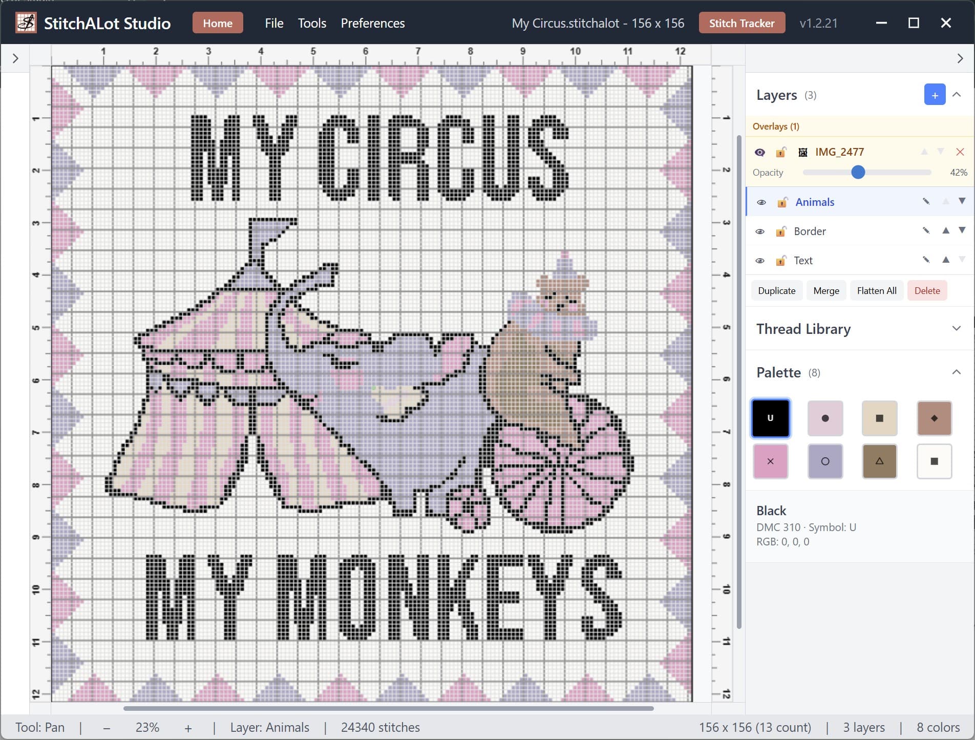 Layered needlepoint design view in StitchALot Studio